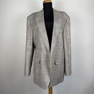 Vintage Oversized 90s Glen Plaid Neutral Gray Taupe Tweed Blazer Haggar USA